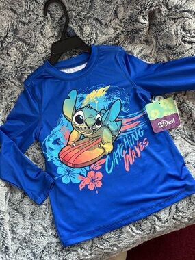NWTS Boys Disney Lilo & Stitch Blue 'Catching Waves' Rash Guard Swim Top Sz 4/5
